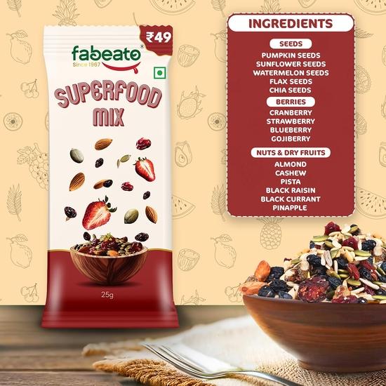Fabeato Munch On the Go Snack Premium Superfood Mix |Nuts, Dry Fruits, Seeds and Berries | Each Pouch 25g | Pack of 10