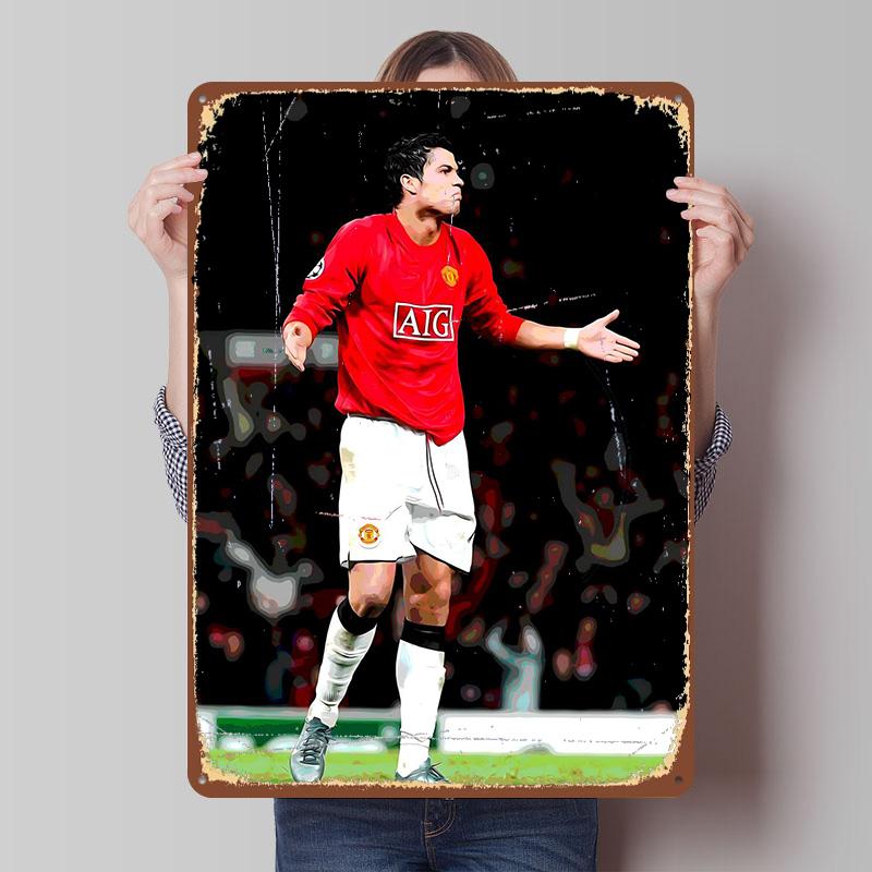 Cristiano Ronaldo in United Kit Poster Customized Vintage Metal Signs Wall Art Retro Tin Plaque for Mancave Decoration At Home