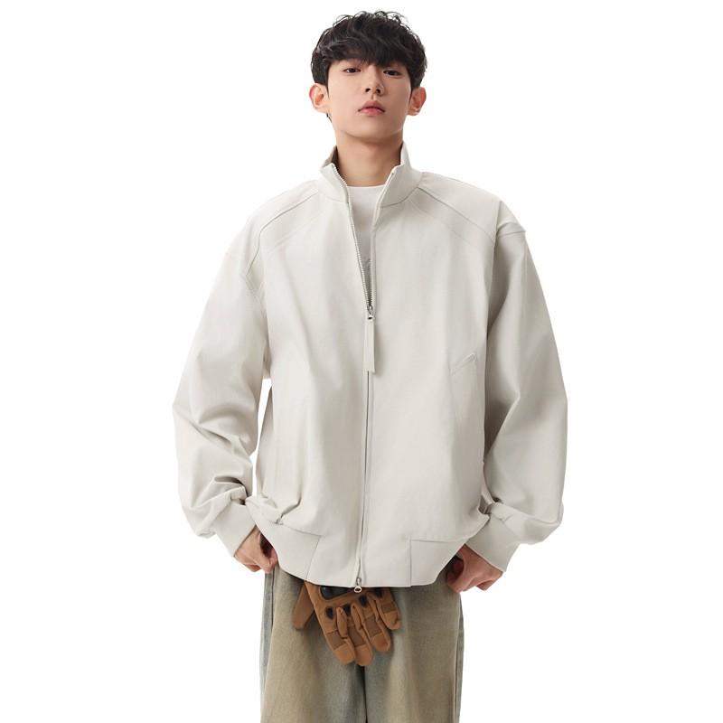 Unisex Oversized Stand Collar Jacket Fall Lightweight Casual Outerwear In Beige Purple Black