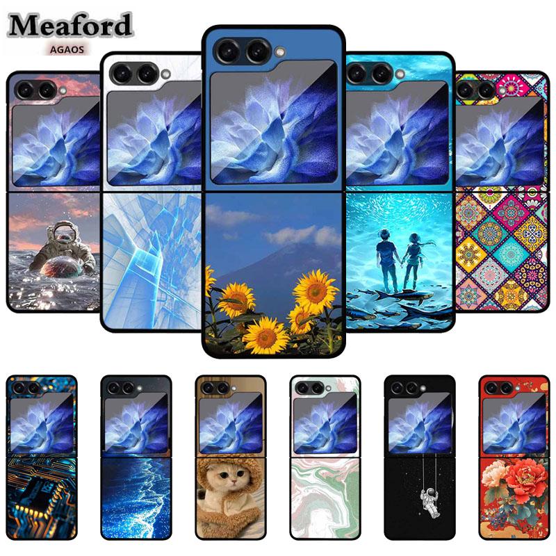 For Samsung Z Flip 5 Cover Hard PC Fold Case For Funda Samsung Galaxy Z Flip5 Foldable Flowers Black Coque Phone Shield Bumper