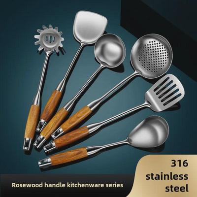 Набор кухонных принадлежностей из нержавеющей стали 316 с ручками из розового дерева: Лопатка, суповая ложка, дуршлаг, лопатка для жарки