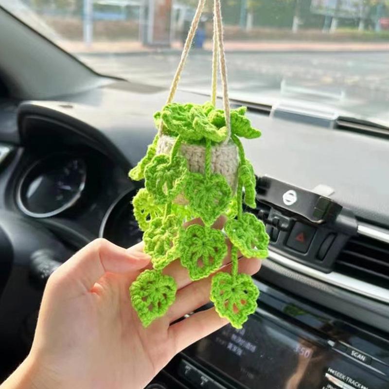 Милые подвесные аксессуары для автомобильного зеркала, ручная вязка, тканые, готовые, вязаные крючком, горшечные растения, декор заднего вида, украшения для салона автомобиля
