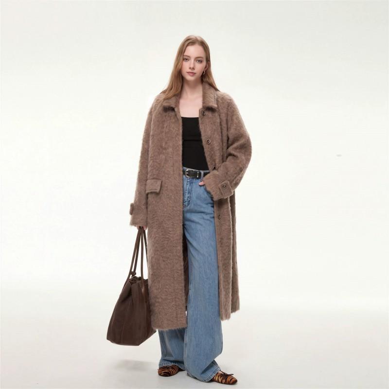 2026 Winter Faux Fur Lined Wool Blend Coat Women Loose Long Single Breasted Overcoat