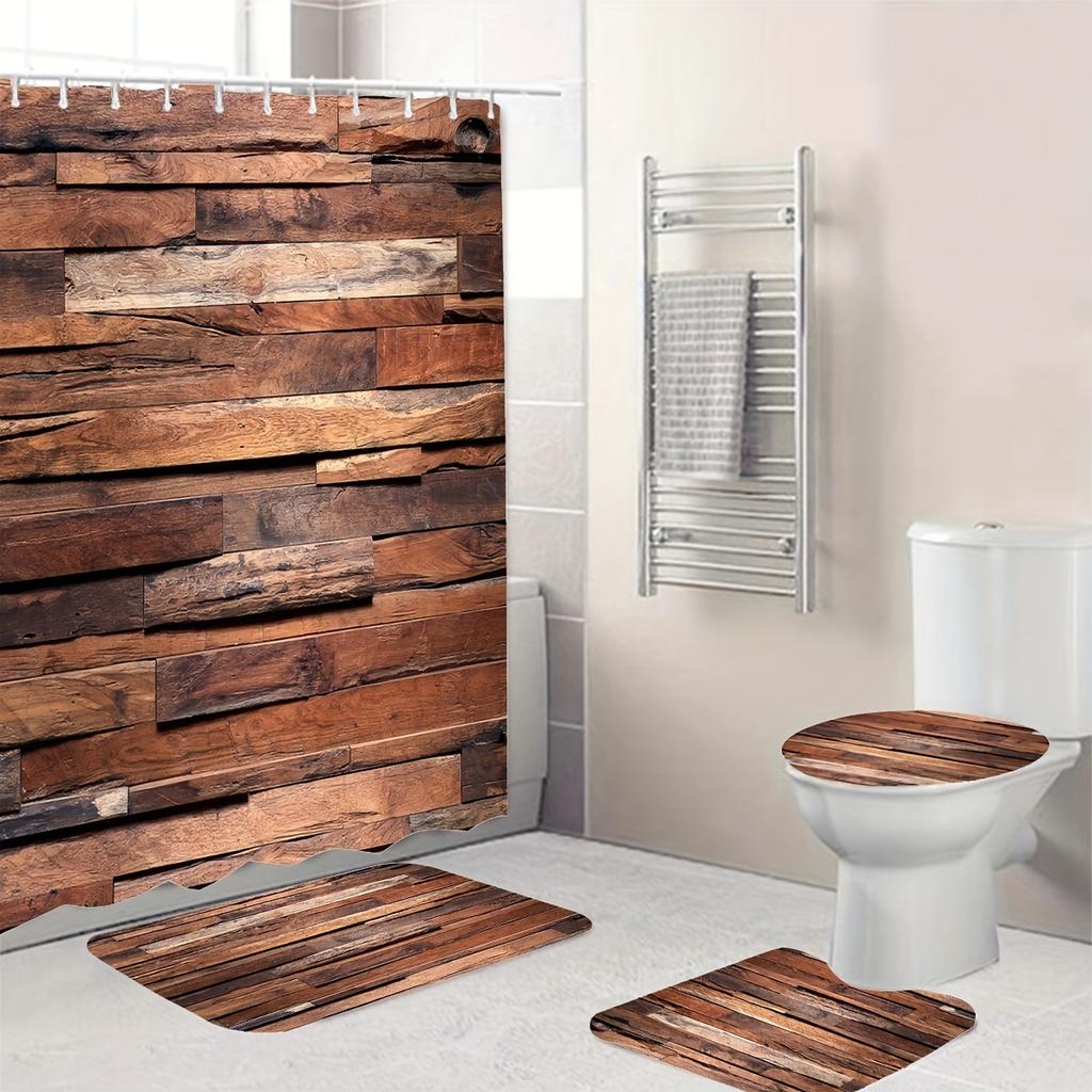 4 шт. роскошные деревянные планки с узором, наборы занавесок для душа, водонепроницаемые для ванной комнаты, нескользящие коврики для ванной комнаты, крышка для унитаза, коврик для ванной