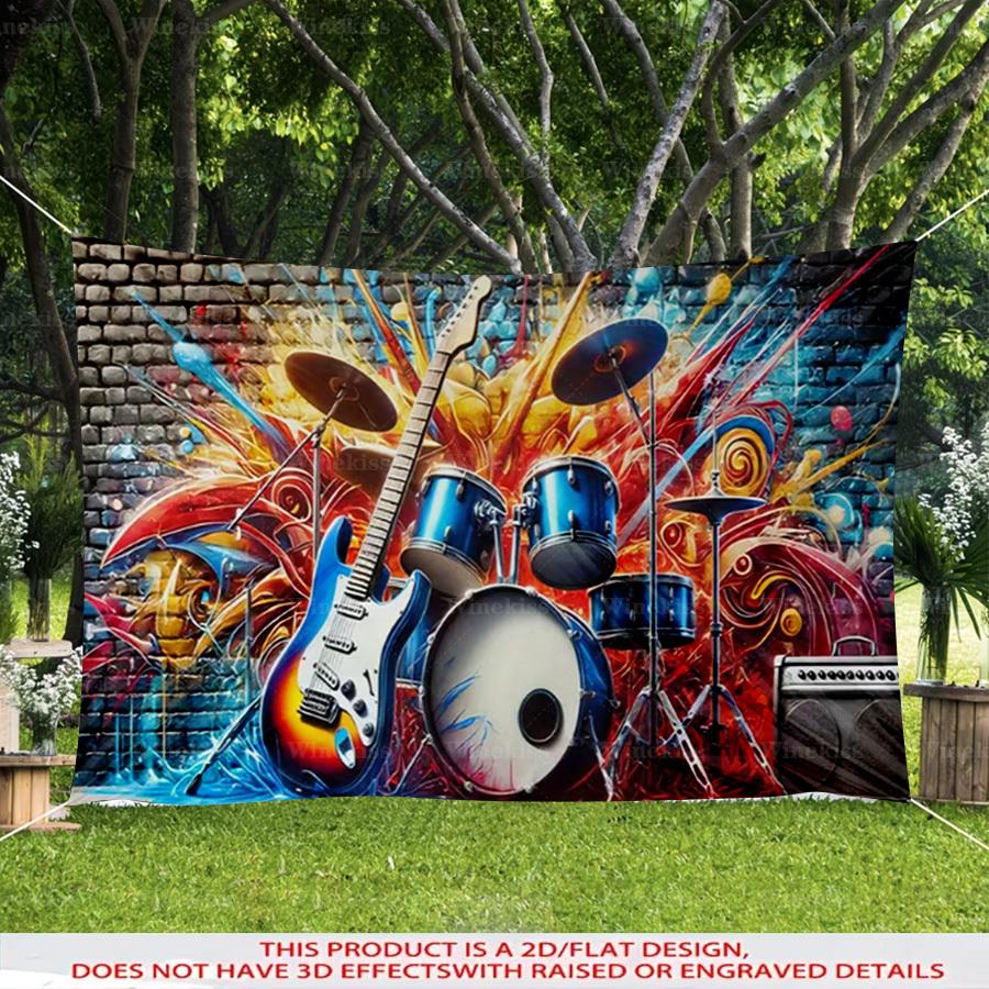 1pc 2D Flat Theme Backdrop Banner Graffiti Music Decorative Banner For Garden Patio Outdoor Indoor Celebration Decor Creative Photo Backdrop