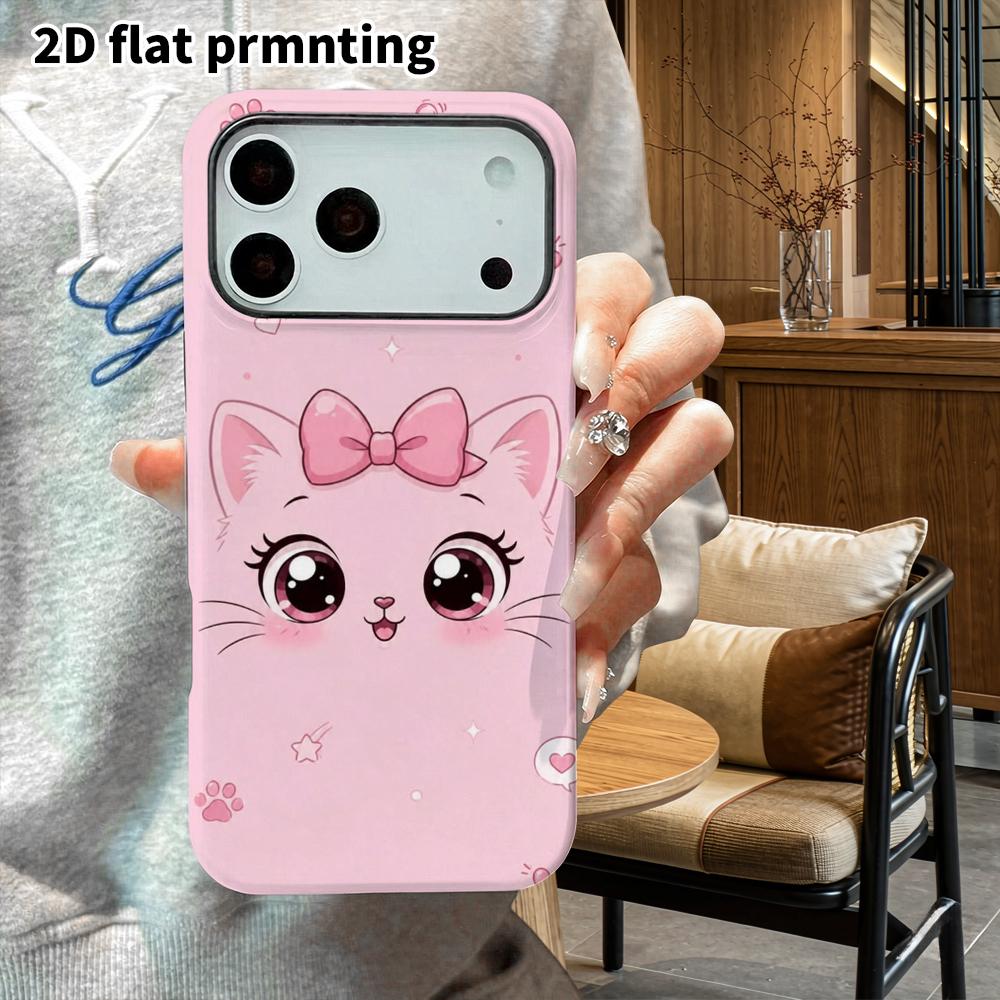 Phone Case: 2D flat design suitable for iPhone 18 17 16 15 14 13Pro film protective case, couple style, pink bow kitten, Christmas and Halloween gift