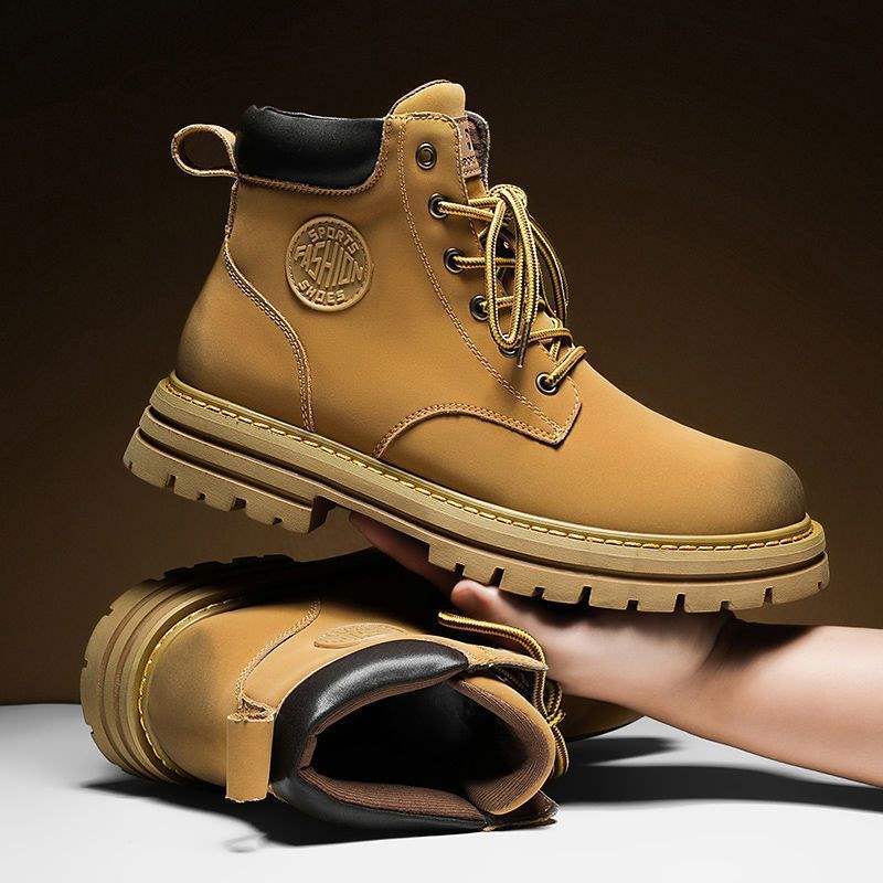 Bumblebee Martin boots men's high-top autumn men's rhubarb boots velvet cotton shoes trendy tooling boots yellow short boots