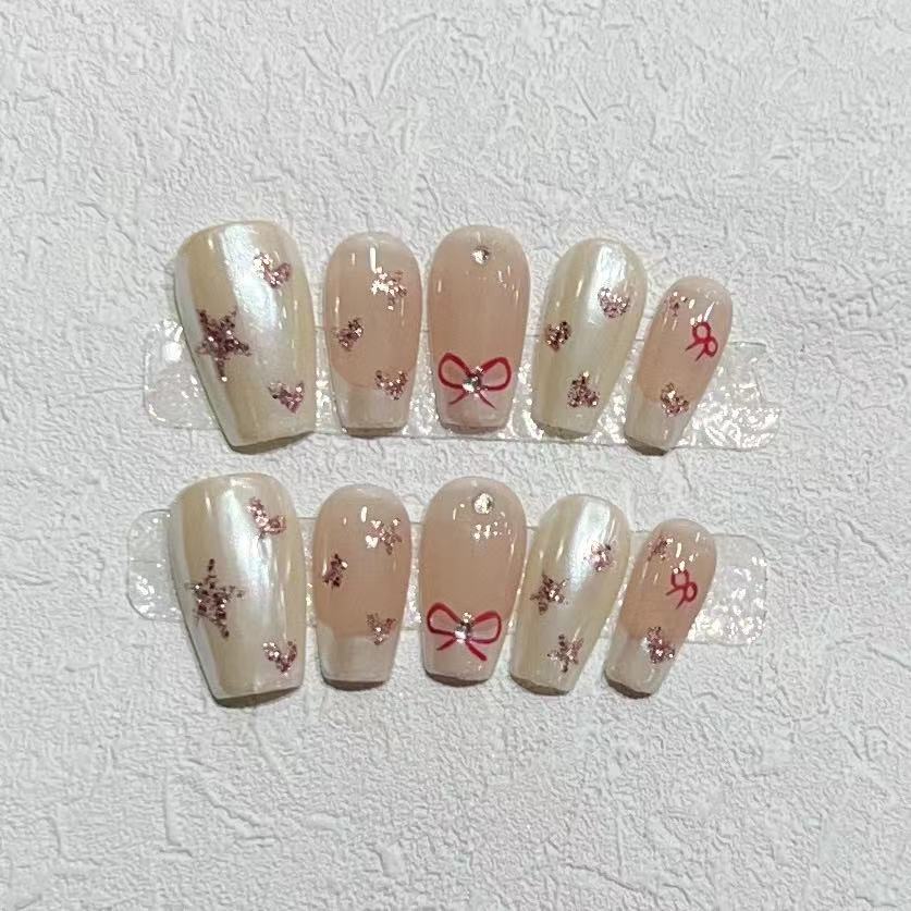 Pure Hand-wearing Armor Simple French Cute Hand-painted Love Bow Student Manicure Removable Nails