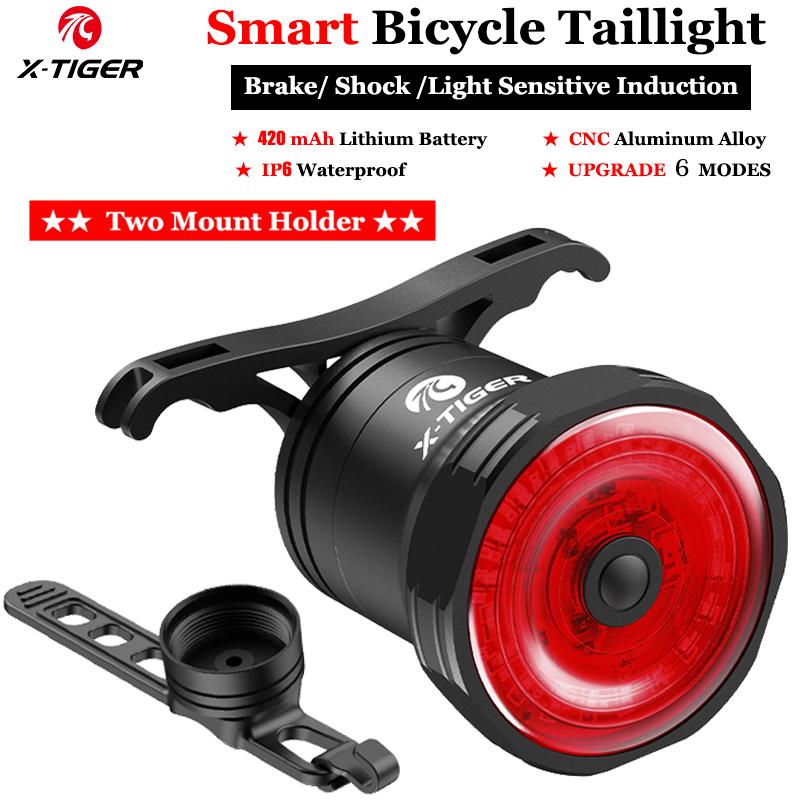 X-Tiger Bicycle Taillight IPX6 Waterproof Cycling LED Lamps Smart Auto Brake Sensing Light 420mAh 6 Gears Bike Rear Lights 7