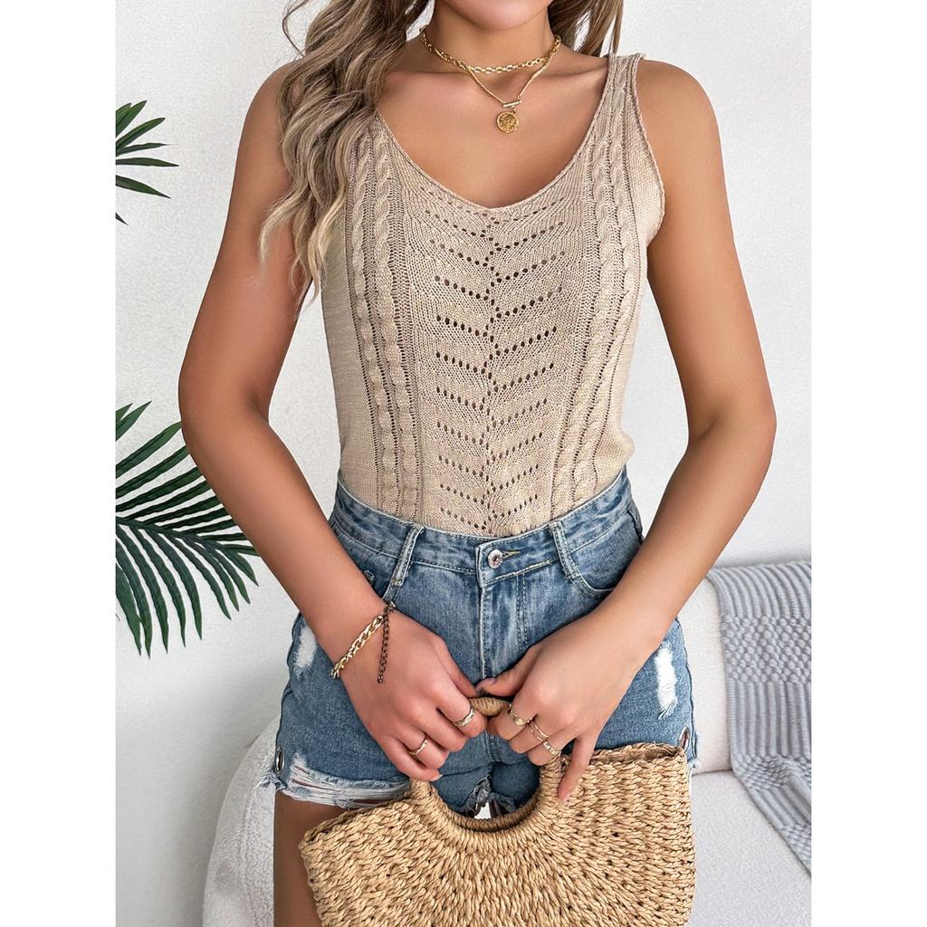 HNXC Весенне-летний повседневный однотонный топ с V-образным вырезом и вырезами, вязаный свитер для отпуска, женская одежда