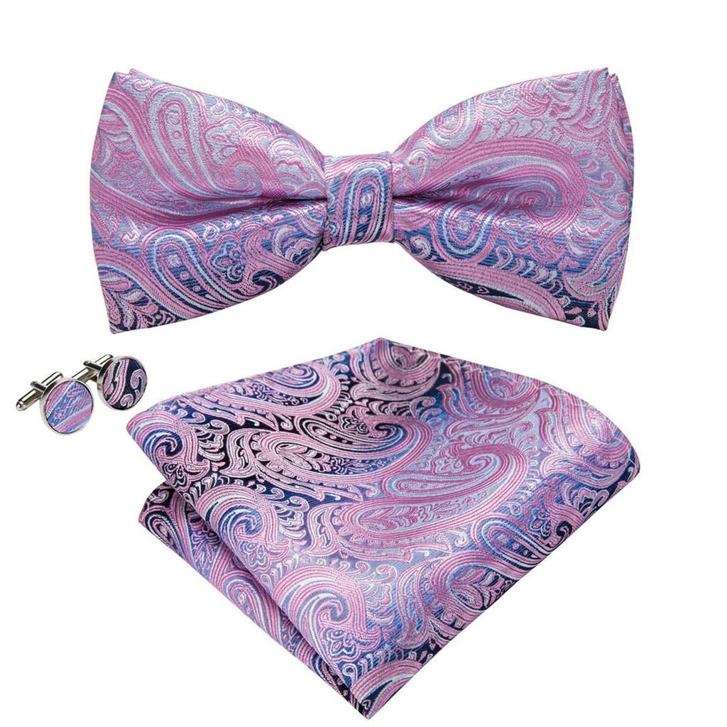 Barry.Wang Men Cravat Ties Jacquare Paisley/Floral/Striped Bow Tie Hanky Cufflinks Set Formal Casual