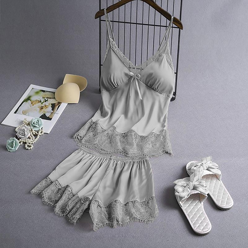 Women V-Neck Eyelash Silk Lace Sexy Stain Camisole Pajamas Bowknot Shorts Set