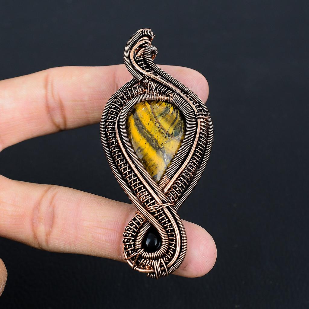 Подвеска из медной проволоки ручной работы с натуральным тигровым глазом, черным ониксом и камнем 3,35 W9d85