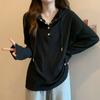 Женская свободная рубашка с длинным рукавом и пуговицами на весну и осень с капюшоном