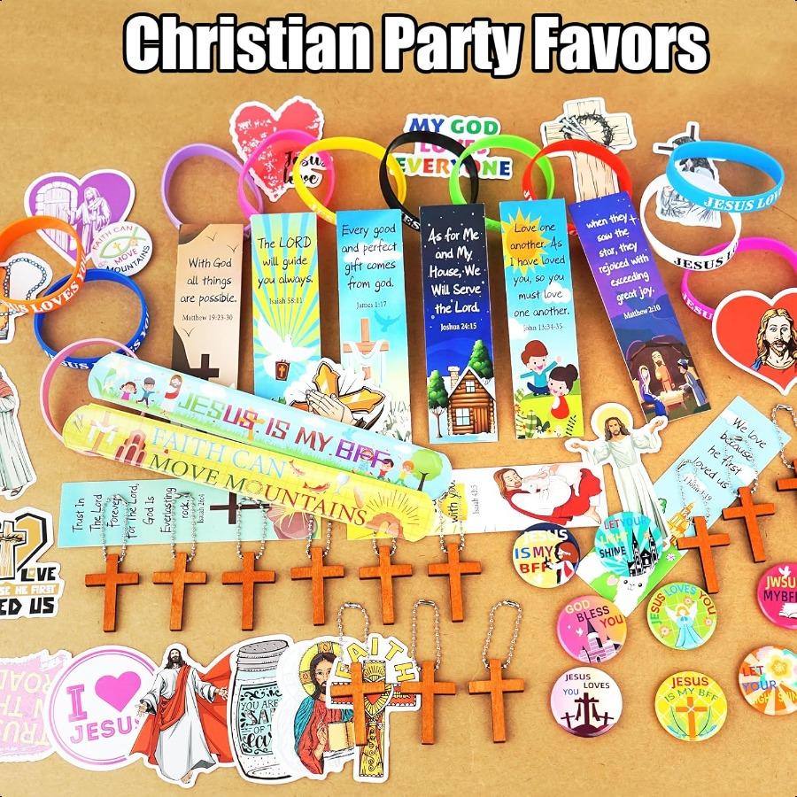 128Pcs Christian Party Favors Set for 12 Guests Jesus Party Supplies with Bible Verse Bookmarks Bracelets Keychains Cross Charm