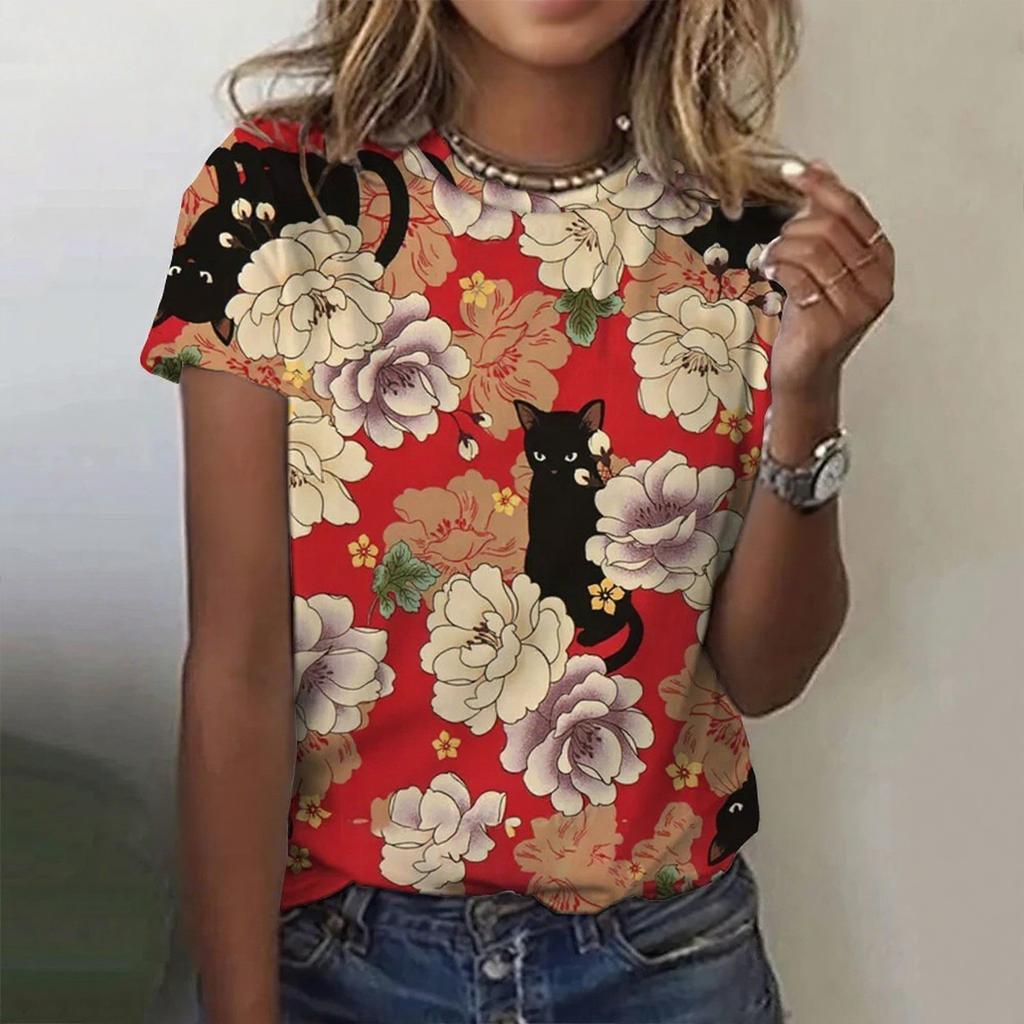 Летний топ с круглым вырезом, 3D-принтом милого кота каваи, модная повседневная женская футболка с коротким рукавом