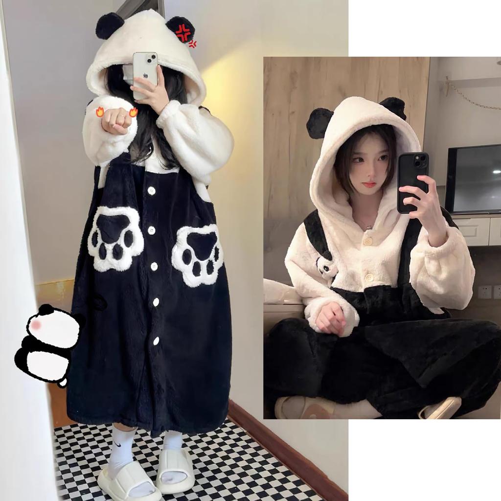 LAVASEON Cute Panda Winter Fluffy Hooded Pajamas with Plus Sizes Thick and Warm for Fall and Stylish and Warm Women's Pajamas, Loungewear, Gloves,
