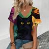 Футболка с коротким рукавом и V-образным вырезом, популярная женская, с красивым 3D-принтом кота, дизайн топа, чувство новых летних футболок