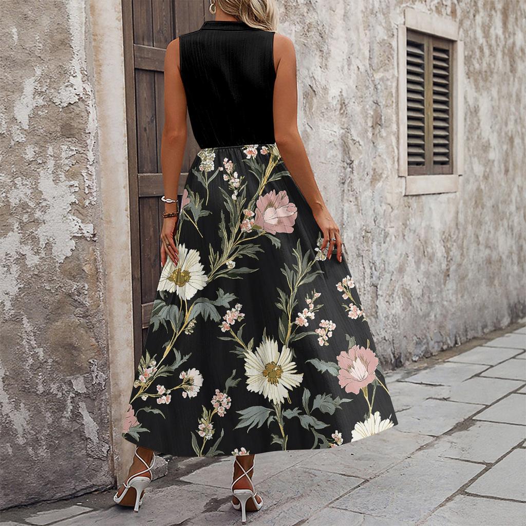 Women's Casual And Fashionable V-neck  Sleeveless Printing Mid Length Dress