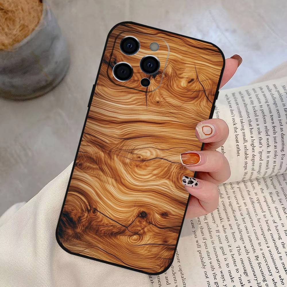 Carved Wood Phone Case Silicone Soft For IPhone 17 16 15 14 13 12 11 X XR Plus Pro Max Plus