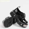 Мода 2025 Новая Мода Женская Обувь на Платформе Металлические Заклепки Лакированная Кожа Круглый Носок Зимняя Обувь На Шнуровке Черные Новинки Лоферы Обувь