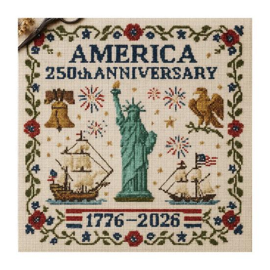 US 250th Anniversary Cross Stitch Kit DIY Needlepoint Starter Patriotic Commemorative Embroidery Pattern Keepsake Gift for Beginners Veterans Military