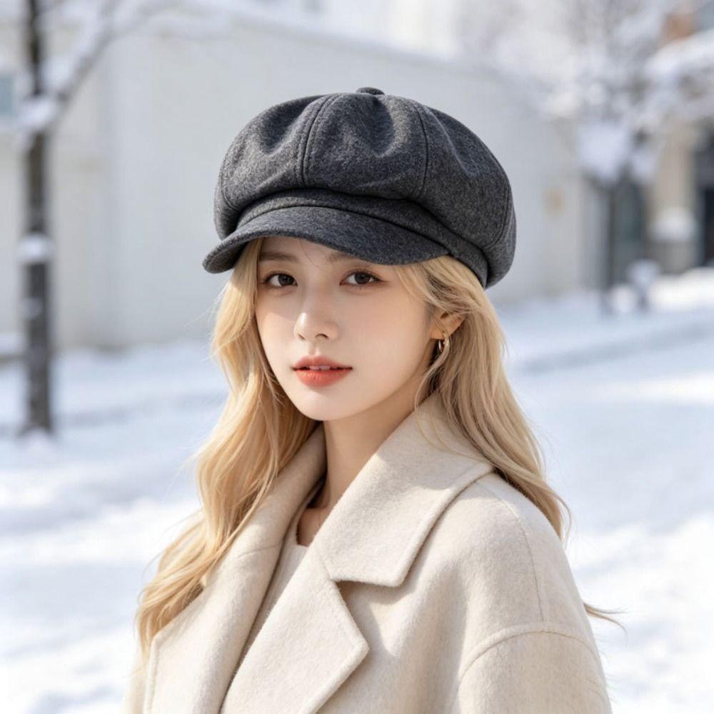 Woolen Fabric Baker Cap Solid Color Beret Hat Fashion Octagonal Cap Autumn Winter