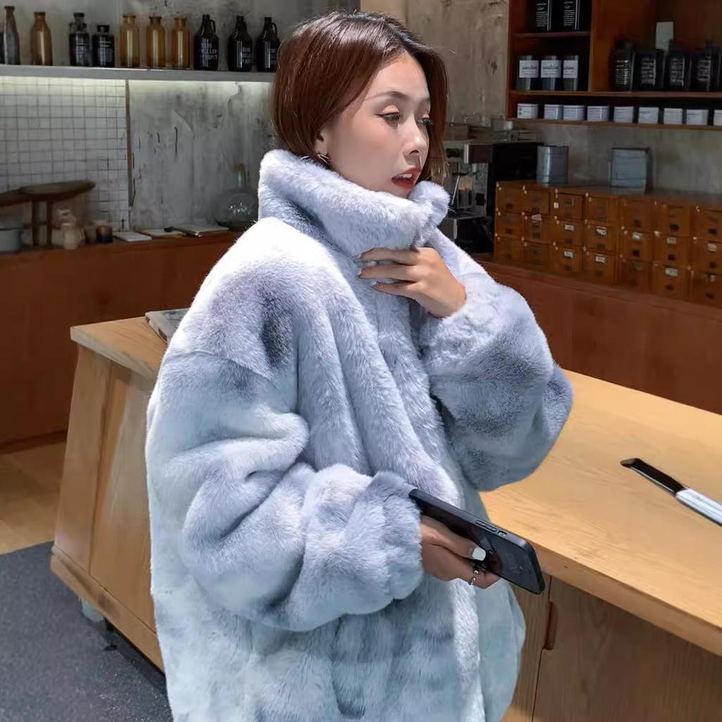 New Tie-dye Rabbit Fur Top Stand-up Collar Zipper Fur Thick Coat Medium and Long Large Size Loose Furry Coat Winter