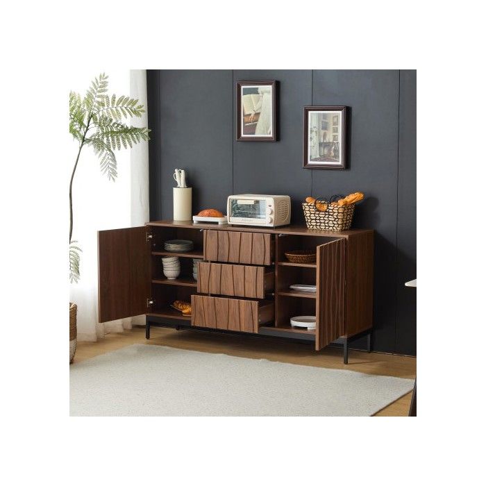 Buffet bas - MUVOE - 150 cm - Chêne foncé - 3 tiroirs - Étagères réglables