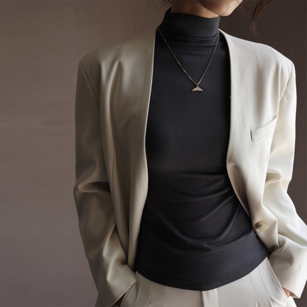 Женский базовый топ с высоким воротником, мягкая эластичная рубашка с длинным рукавом, однотонные базовые топы