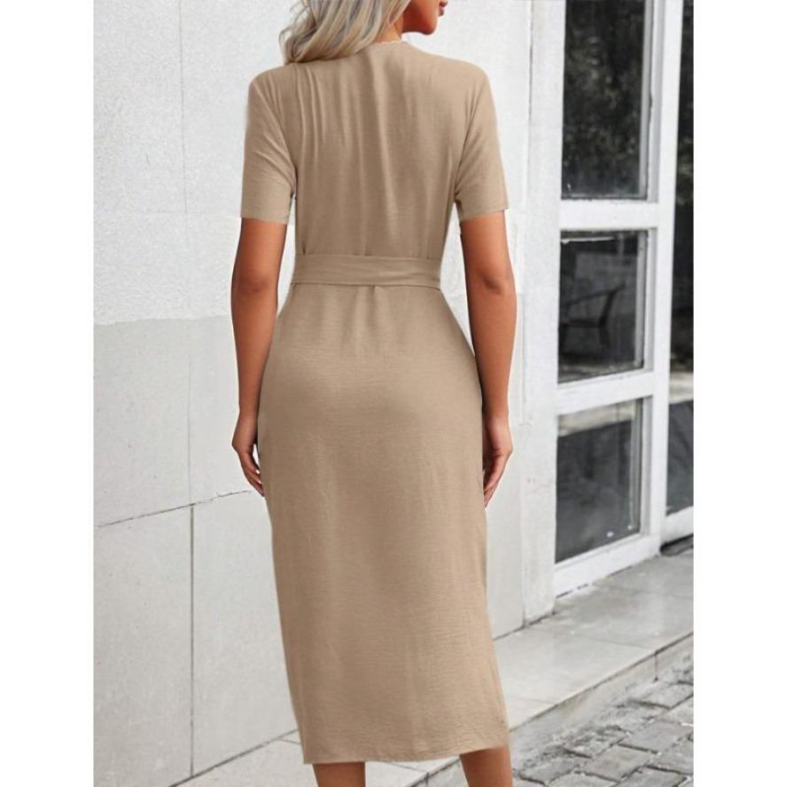 YYFS Женские модные летние весенние однотонные повседневные платья с v-образным вырезом и короткими рукавами и высокой талией