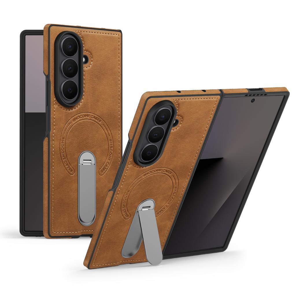 For Samsung Galaxy Z Fold7 5G Magnetic Case Rotating Kickstand Leather Coated PC Phone Cover