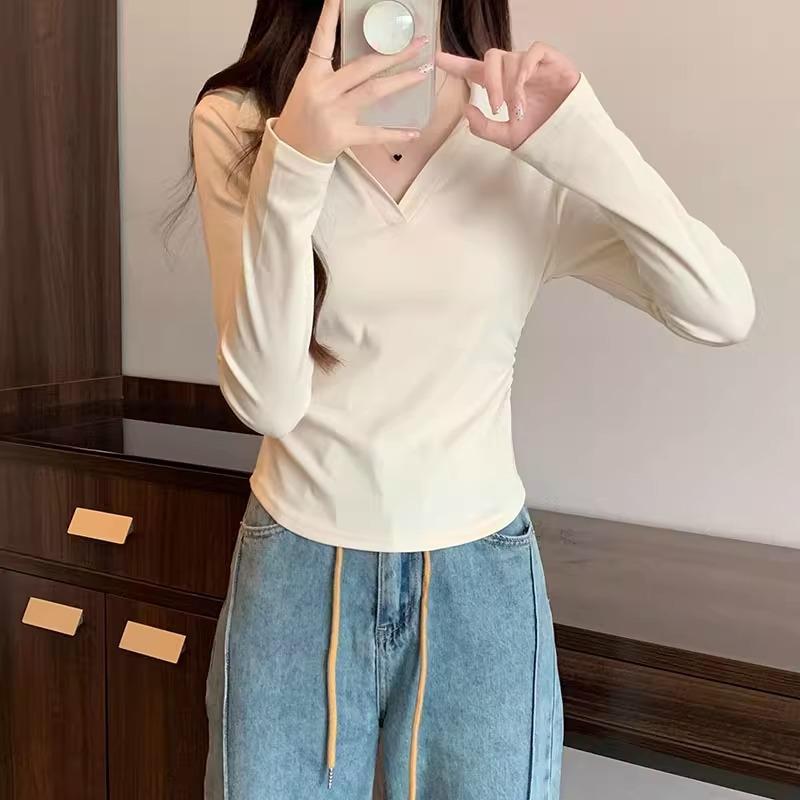 Retro Polo Lapel Long-sleeved T-shirt for Women Early Autumn New Design V-neck Slim Pleated Waist Bottoming Top