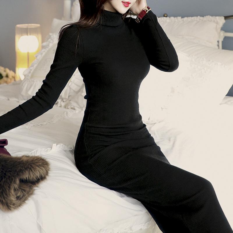 Водолазка свитер для женщин вязаное платье для очень длинного выше колена облегающий крой теплая базовая рубашка