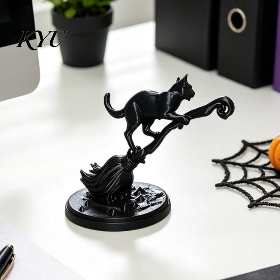 Уникальное настольное украшение Фигурка черной кошки на метле ведьмы, 3D-печатная статуэтка метлы, Статуэтка Хэллоуина для многоярусного подноса, Стола, Декор стола