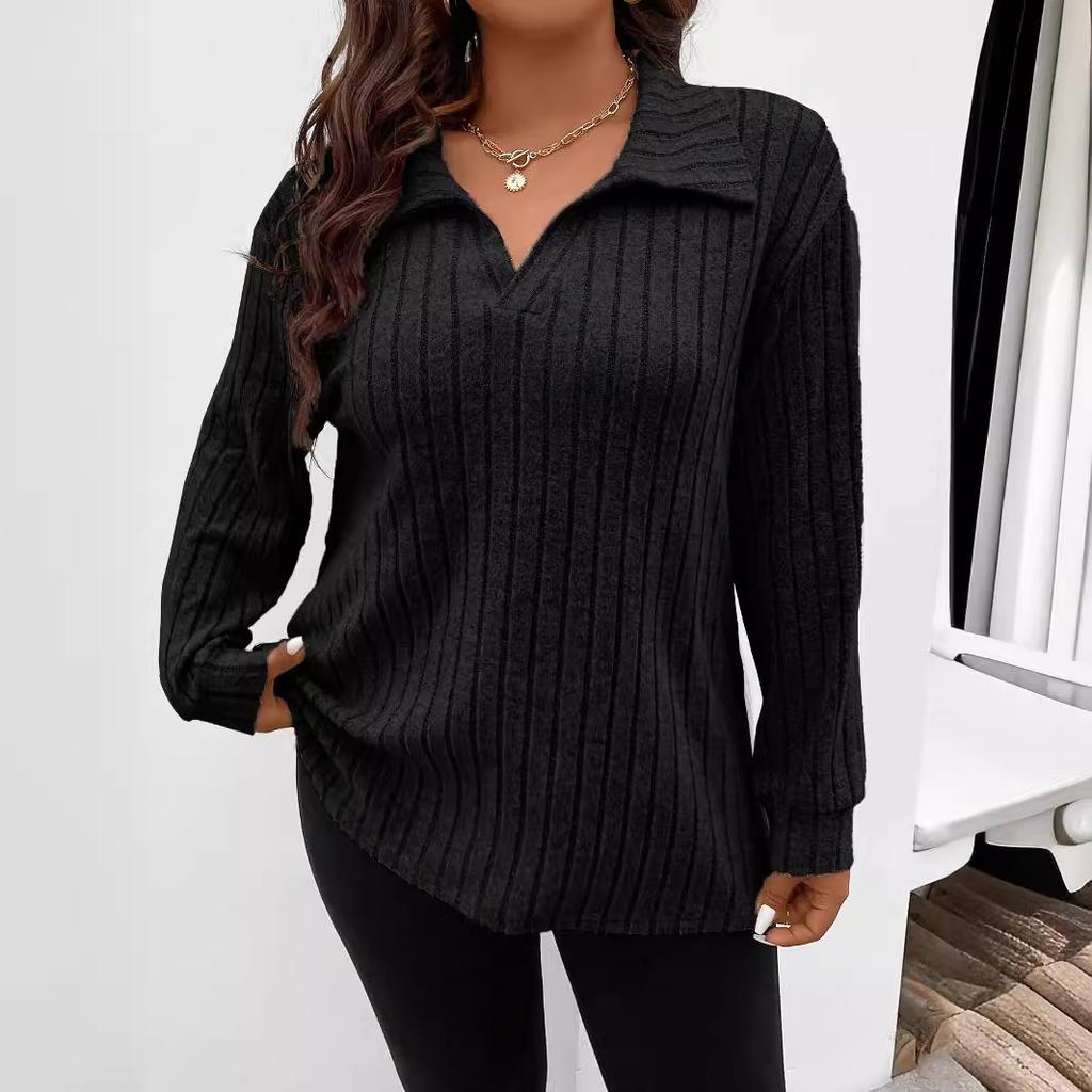 GMXIA Футболка большого размера с V-образным лацканом и длинным рукавом, однотонная, свободного покроя, с узором в полоску, осень-зима