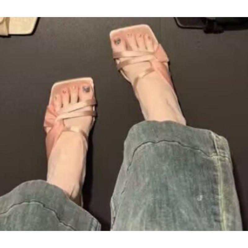 Высокие каблуки Удобные Новые Летние Однотонные Кожаные Тапочки Женская Обувь Женская Обувь Женская Мода Крутые Мюли Шлепанцы Вьетнамки