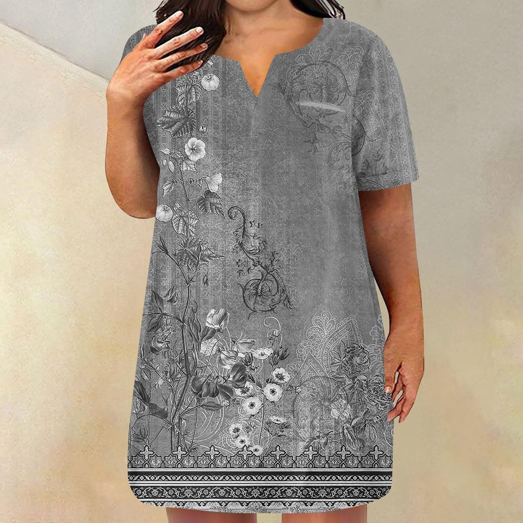 Женские платья больших размеров с V-образным вырезом и коротким рукавом, летнее повседневное однотонное платье-туника с карманом