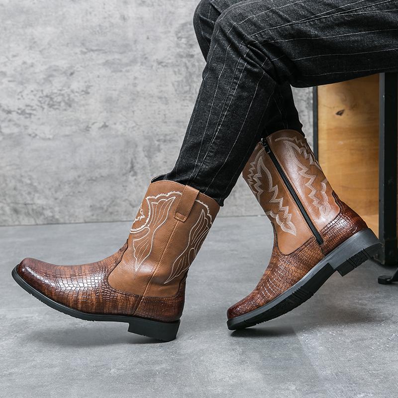 Модные ковбойские сапоги в стиле вестерн, рыцарские остроносые кожаные мужские сапоги с вышивкой, высокие повседневные, классические, на молнии в ретро-стиле, британские, удобные, бесплатная доставка