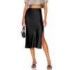 Women Summer Skirt High Waist A-Line Midi Skirt Solid Color Side Slit Design Smooth Satin Mid-calf