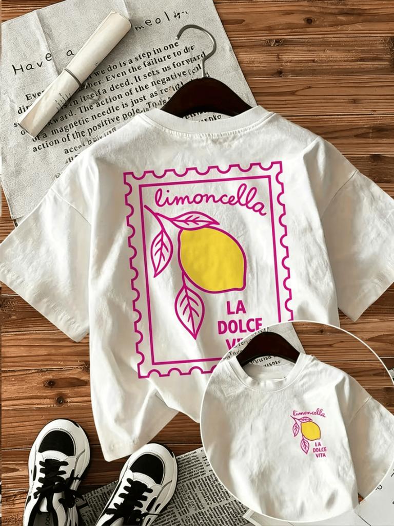 Limoncello Lemon Stamp Print T-shirt Italian Positano Graphic Double Sided Short Sleeve Tops Women Casual Streetwear Daily Tee