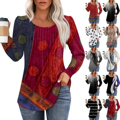 Женская повседневная плиссированная футболка с круглым вырезом и длинными рукавами с градиентным принтом