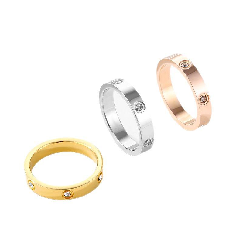 Luxurious 4mm Titanium Steel 6-Diamond Gold-Plated Stainless Steel Couple Rings - Non-Fading, Exquisitely Engraved