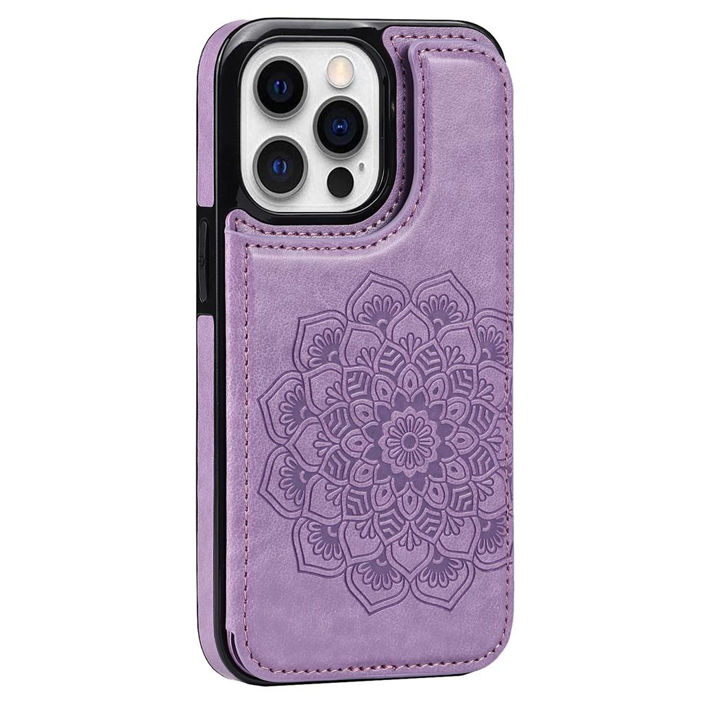 For iPhone 15 Pro Cell Phone Case Imprinted Mandala Flower PU Leather+TPU Anti-fall Cover