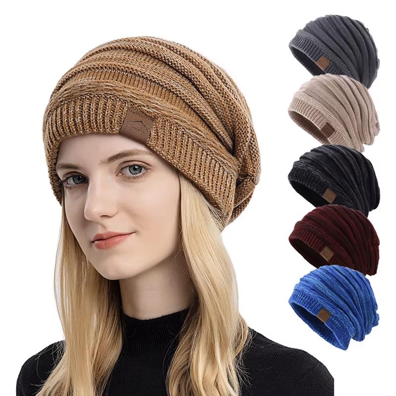 Slouchy Winter Warm Unisex Fleece Plush Lined Checkered Knit Slouchy Hats Thick Skull Chunky Beanie Cap