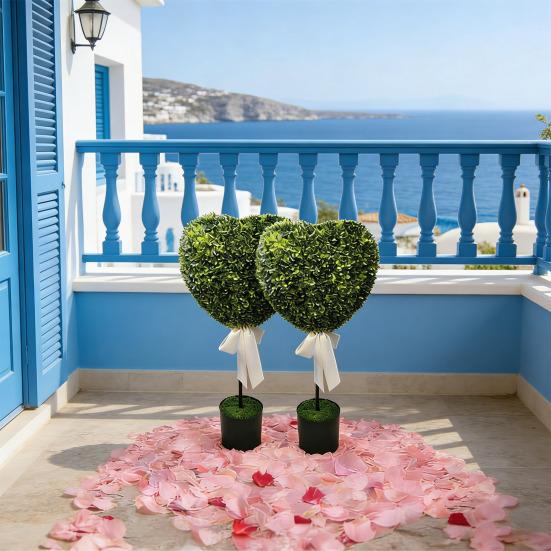 Искусственные Зеленые Растения в Горшках Формы Сердца Декор с Белой Лентой Бант Не Требует Ухода Искусственные Мини-Деревья в Форме Сердца для Дня Святого Валентина Домашний Декор