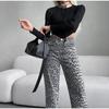 Elegant Grey Leopard Printed Jeans High Waist Straight Leg Vintage High Street Black Jeans Pants Women Formal Korean Retro