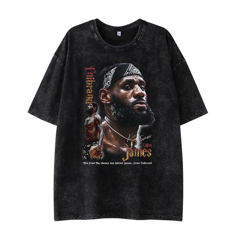 American basketball retro wasteland feng shui wash t-shirt star print men's and women's fashion casual sports stacked tops ins tide