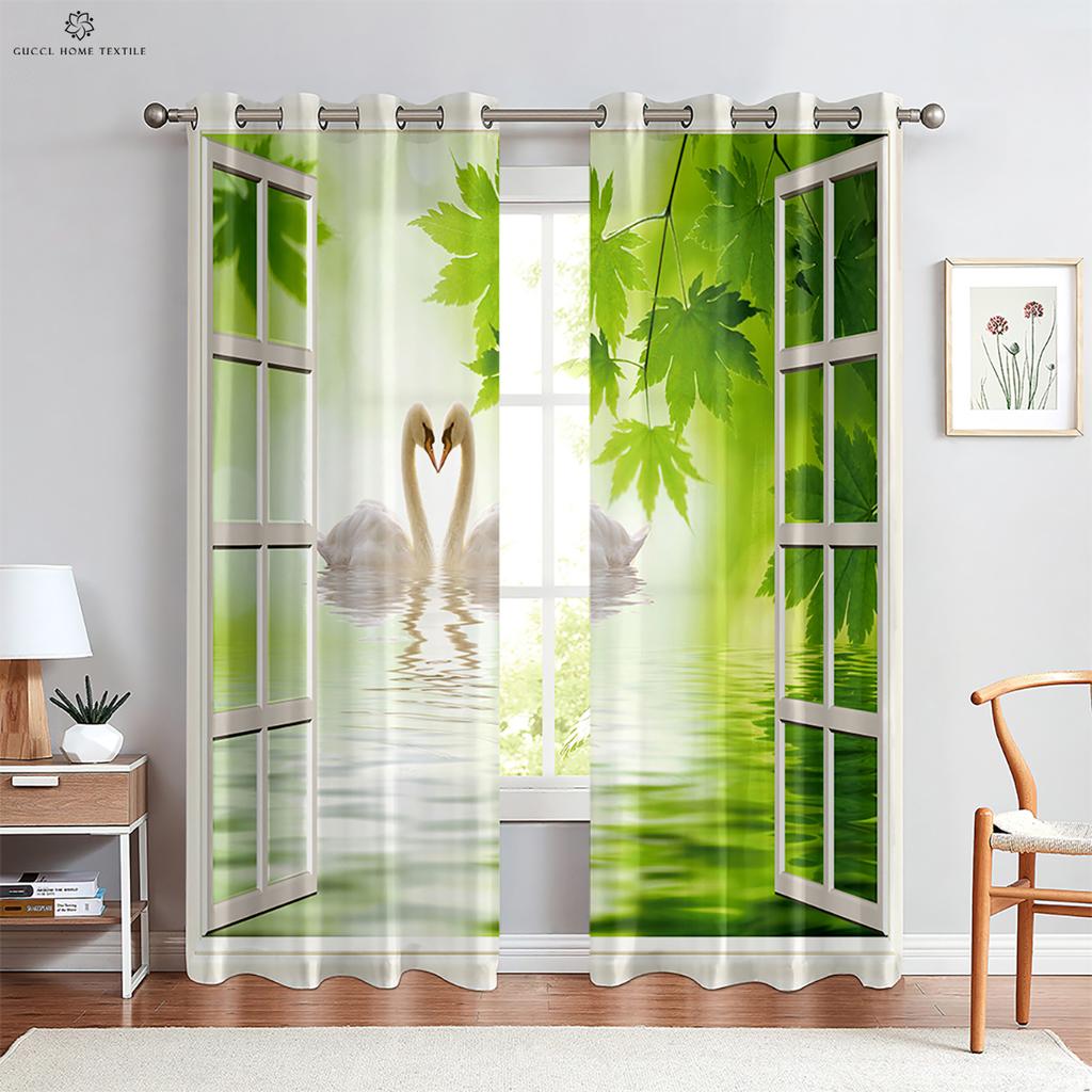 Real Effect 3D Printed Curtains, Curtains with Seaside Scenery, Blue Sky Pattern, Outside the Window Window Decoration