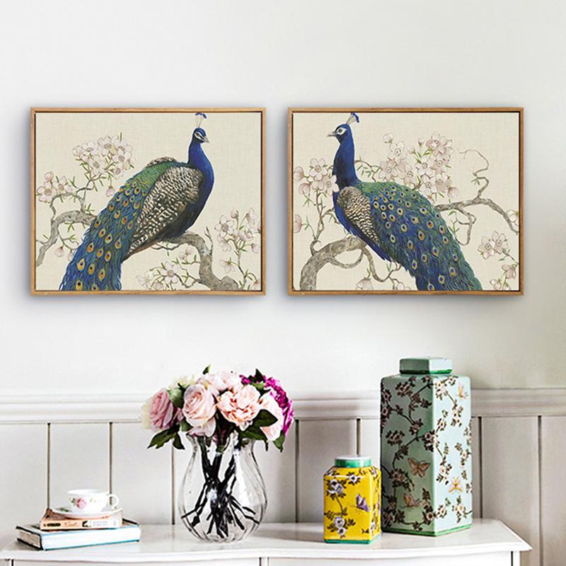 Элегантное искусство синие павлины на дереве розовый цветок Традиционная китайская пасторальная картина на холсте настенные постеры для домашнего декора